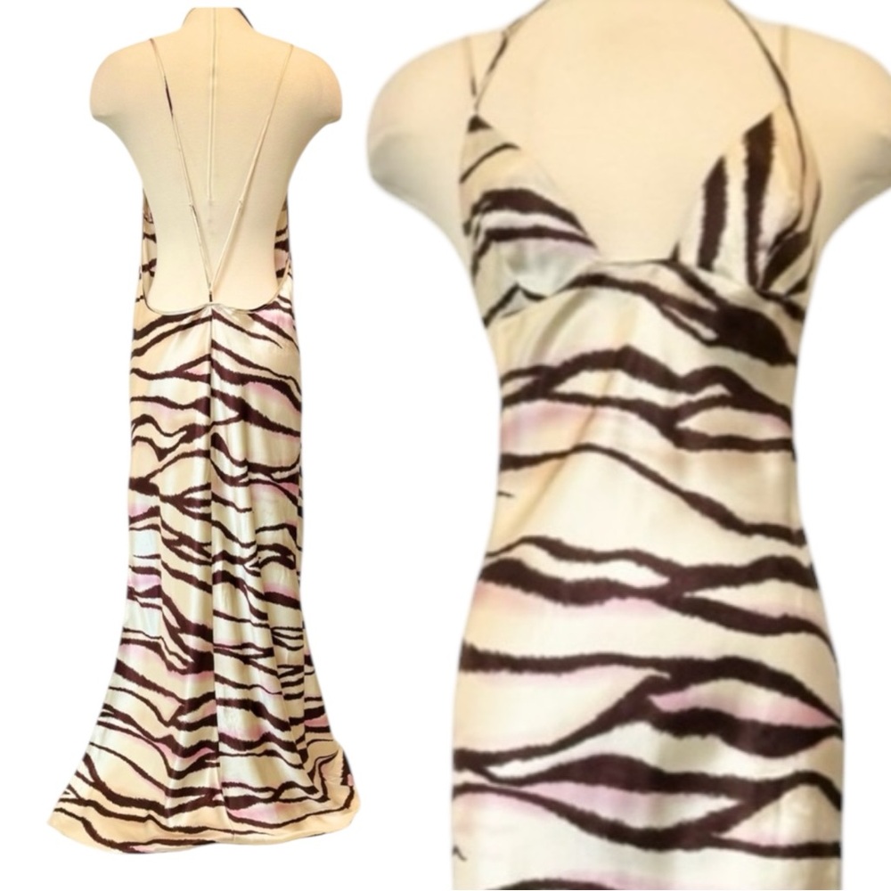 🌺SOLD🌺Victoria’s Secret Silk Ivory Pink Tan Tiger Striped Maxi Gown Slip Dress L - Picture 5 of 10